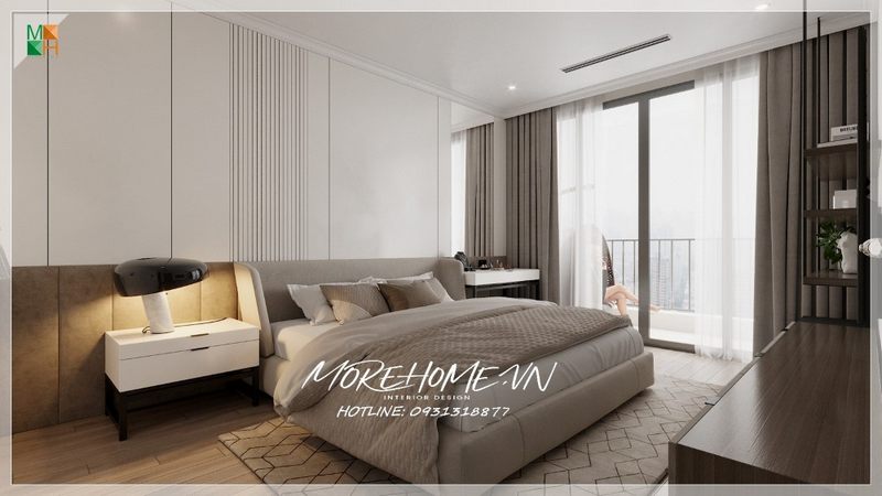 Chiếc giường ngủ bọc nỉ màu trắng êm ái giúp cho chủ nhân tận hưởng những giấc ngủ ngon lành sau những giờ làm việc mệt mỏi